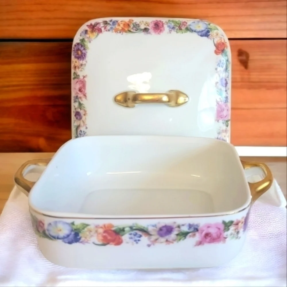 Antique‎ Square Vegetable Bowl, Aich Czechoslovakia, Floral Bands, Gold Trimmed